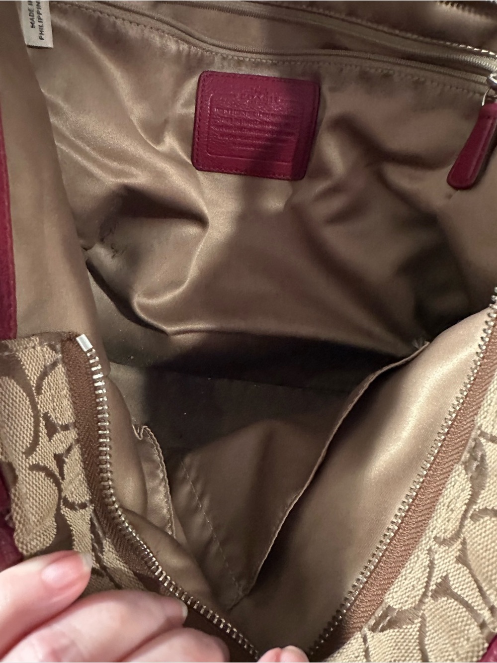 Coach Tan Signature Carrie Tote with Burgundy Leather Trim and Wallet - Picture 7 of 16